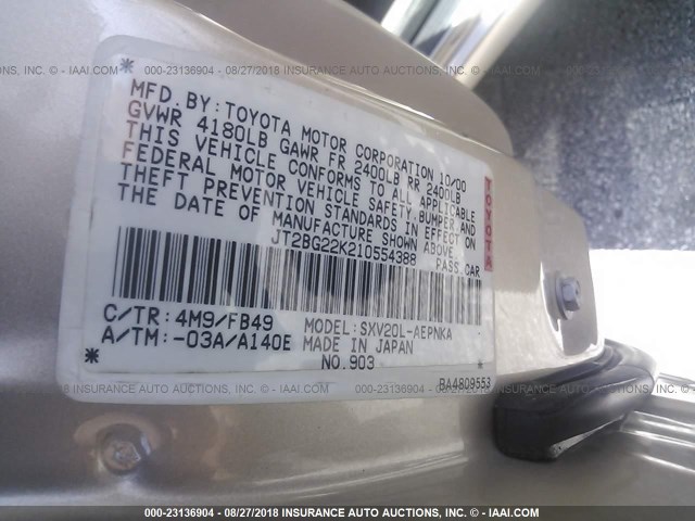 JT2BG22K210554388 - 2001 TOYOTA CAMRY CE/LE/XLE GOLD photo 9