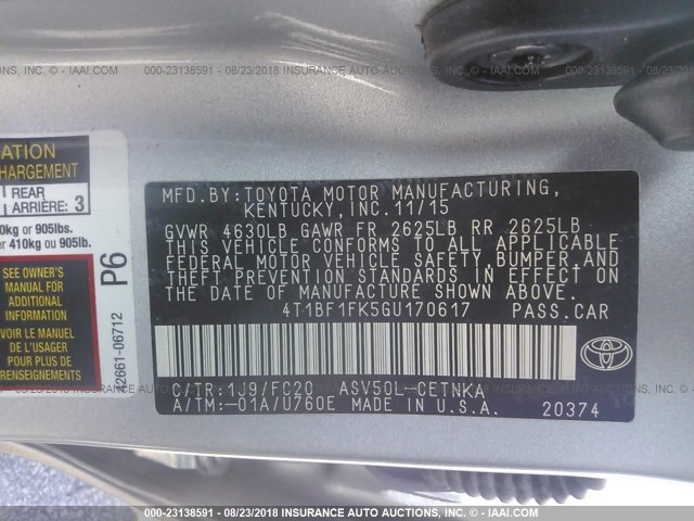 4T1BF1FK5GU170617 - 2016 TOYOTA CAMRY LE/XLE/SE/XSE SILVER photo 9