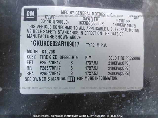 1GKUKCE02AR109017 - 2010 GMC YUKON SLT GRAY photo 9