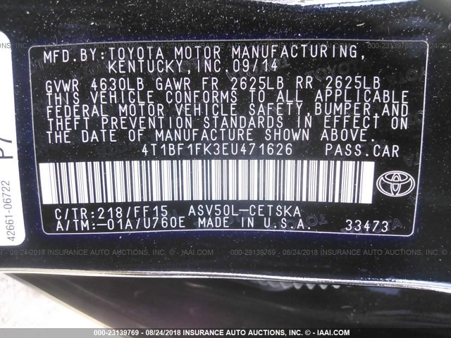 4T1BF1FK3EU471626 - 2014 TOYOTA CAMRY L/SE/LE/XLE 黑色 照片 9