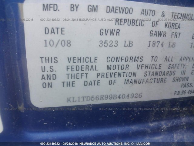 KL1TD56E99B404926 - 2009 CHEVROLET AVEO LS/LT ლურჯი ფოტო 9