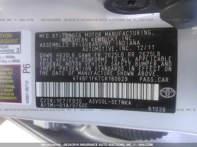 4T4BF1FK7CR180629 - 2012 TOYOTA CAMRY SE/LE/XLE 银色 照片 9