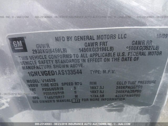 1GNLVGED1AS133544 - 2010 CHEVROLET TRAVERSE LT SILVER photo 9