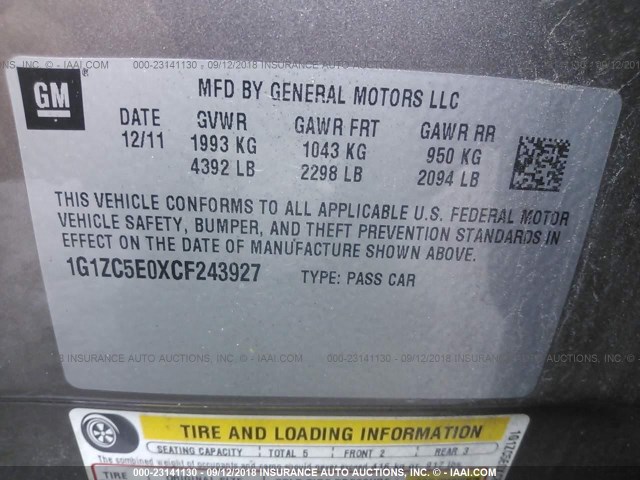 1G1ZC5E0XCF243927 - 2012 CHEVROLET MALIBU 1LT GRAY photo 9