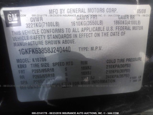 1GKFK63858J240440 - 2008 GMC YUKON DENALI BLACK photo 9