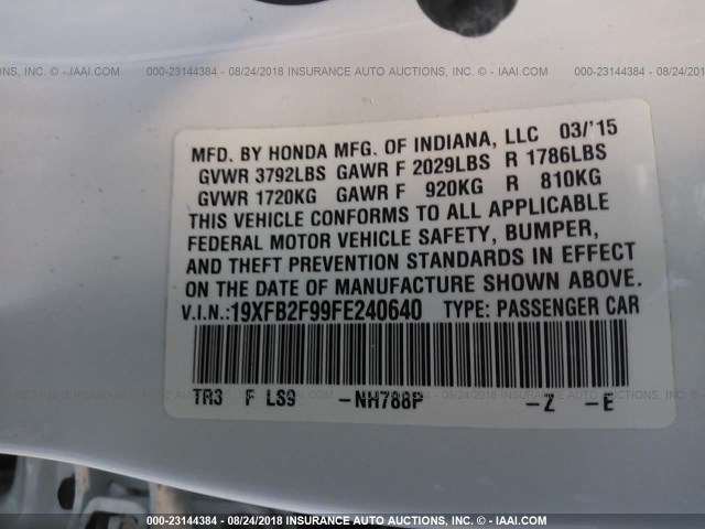 19XFB2F99FE240640 - 2015 HONDA CIVIC EXL WHITE photo 9