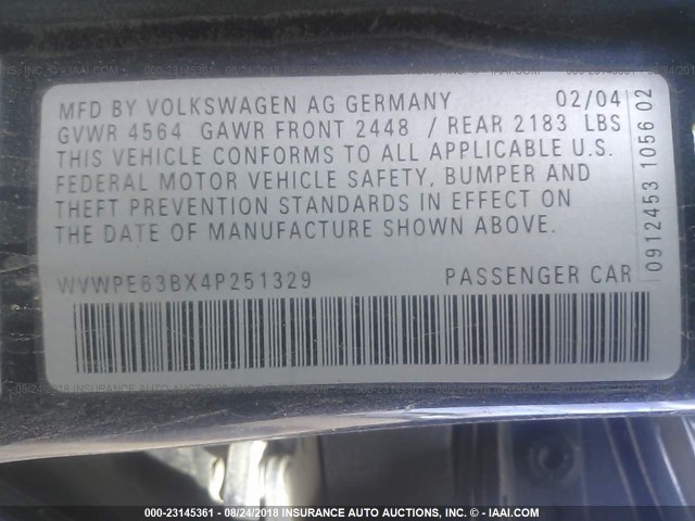 WVWPE63BX4P251329 - 2004 VOLKSWAGEN PASSAT GLS TDI BLUE photo 9