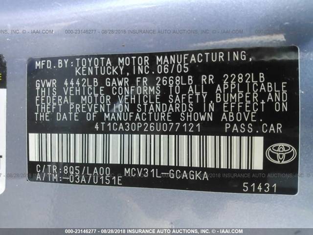 4T1CA30P26U077121 - 2006 TOYOTA CAMRY SOLARA SE/SLE BLUE photo 9