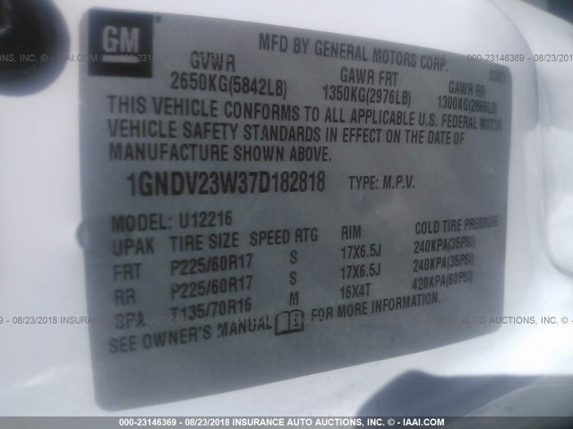 1GNDV23W37D182818 - 2007 CHEVROLET UPLANDER LS WHITE photo 9