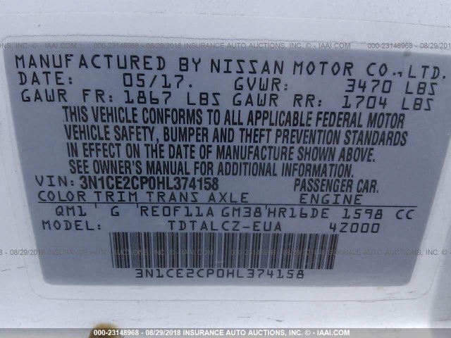 3N1CE2CP0HL374158 - 2017 NISSAN VERSA NOTE S/S PLUS/SV/SL/SR WHITE photo 9