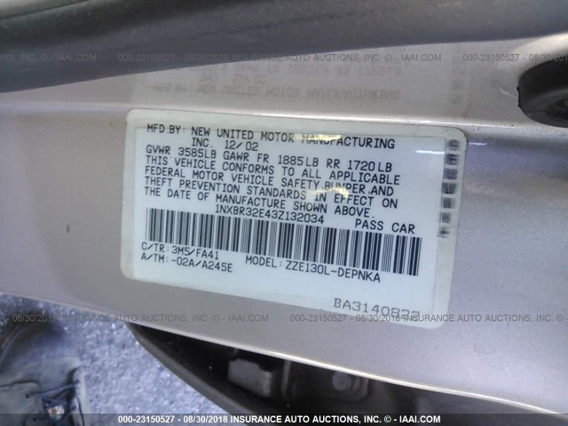 1NXBR32E43Z132034 - 2003 TOYOTA COROLLA CE/LE/S GRAY photo 9