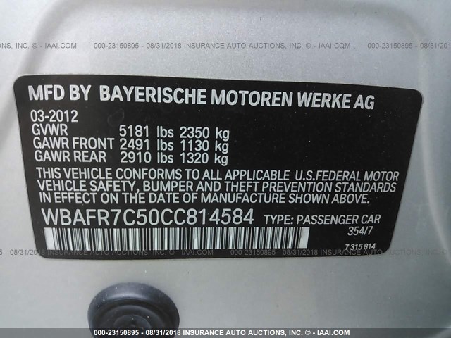 WBAFR7C50CC814584 - 2012 BMW 535 I SILVER photo 9