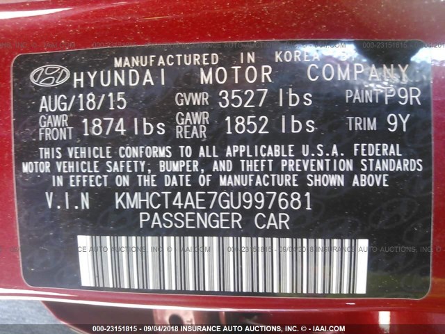 KMHCT4AE7GU997681 - 2016 HYUNDAI ACCENT SE RED photo 9