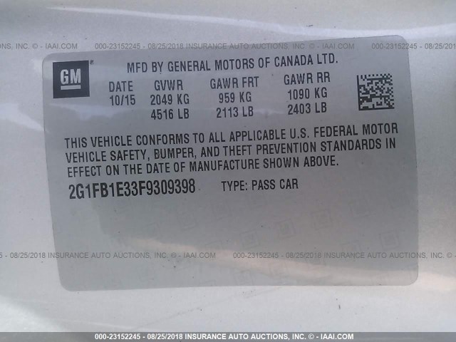 2G1FB1E33F9309398 - 2015 CHEVROLET CAMARO LS SILVER photo 9