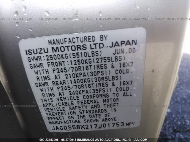 JACDS58X217J01753 - 2001 ISUZU TROOPER S/LS/LIMITED 金色 照片 9
