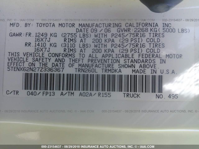 5TENX62N27Z336367 - 2007 TOYOTA TACOMA PRERUNNER WHITE photo 9