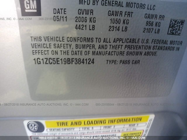 1G1ZC5E19BF384124 - 2011 CHEVROLET MALIBU 1LT SILVER photo 9