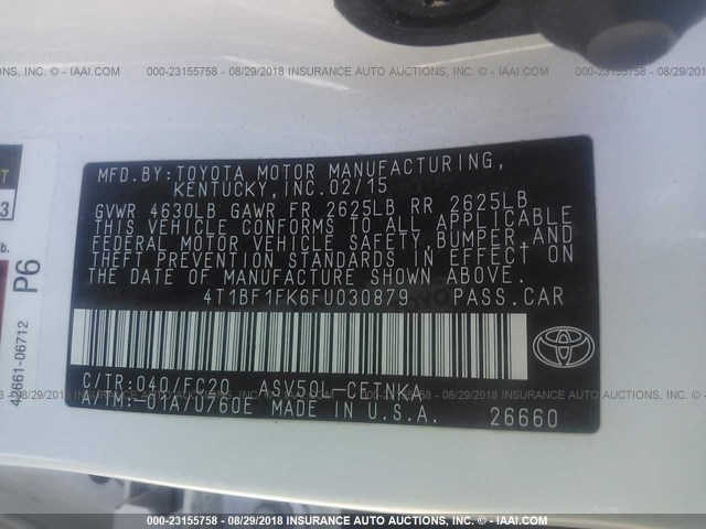 4T1BF1FK6FU030879 - 2015 TOYOTA CAMRY LE/XLE/SE/XSE WHITE photo 9