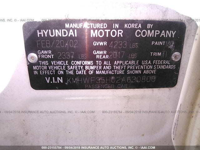 KMHWF35H02A630800 - 2002 HYUNDAI SONATA GLS/LX WHITE photo 9