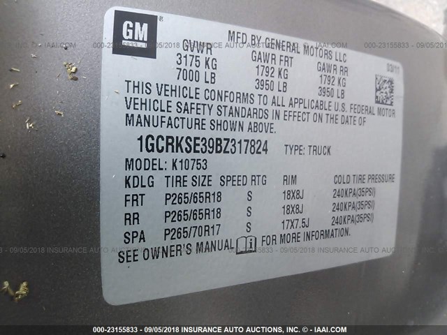 1GCRKSE39BZ317824 - 2011 CHEVROLET SILVERADO K1500 LT GRAY photo 9