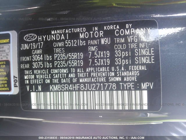 KM8SR4HF8JU271778 - 2018 HYUNDAI SANTA FE SE/LIMITED BLUE photo 9