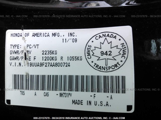 19UUA9F27AA800724 - 2010 ACURA TL BLACK photo 9