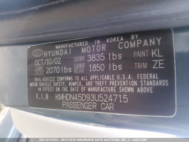 KMHDN45D93U524715 - 2003 HYUNDAI ELANTRA GLS/GT BLUE photo 9