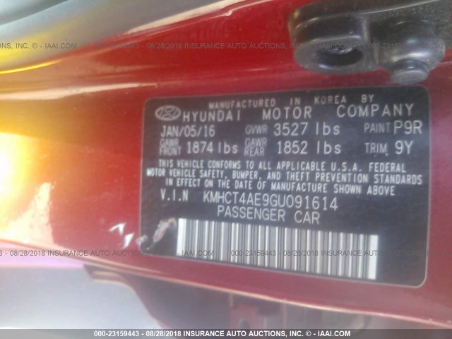 KMHCT4AE9GU091614 - 2016 HYUNDAI ACCENT SE RED photo 9