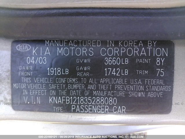 KNAFB121835288080 - 2003 KIA SPECTRA LS GOLD photo 9