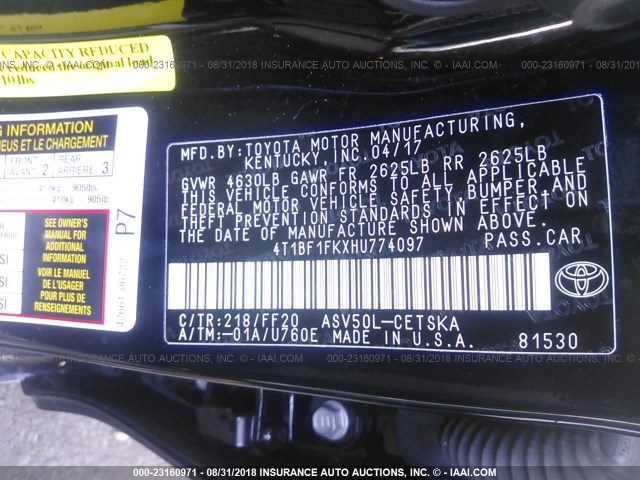 4T1BF1FKXHU774097 - 2017 TOYOTA CAMRY LE/XLE/SE/XSE 黑色 照片 9