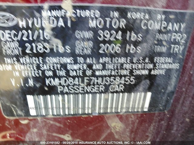 KMHD84LF7HU358455 - 2017 HYUNDAI ELANTRA SE/VALUE/LIMITED RED photo 9