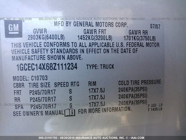 1GCEC14X68Z111234 - 2008 CHEVROLET SILVERADO C1500 GRAY photo 9