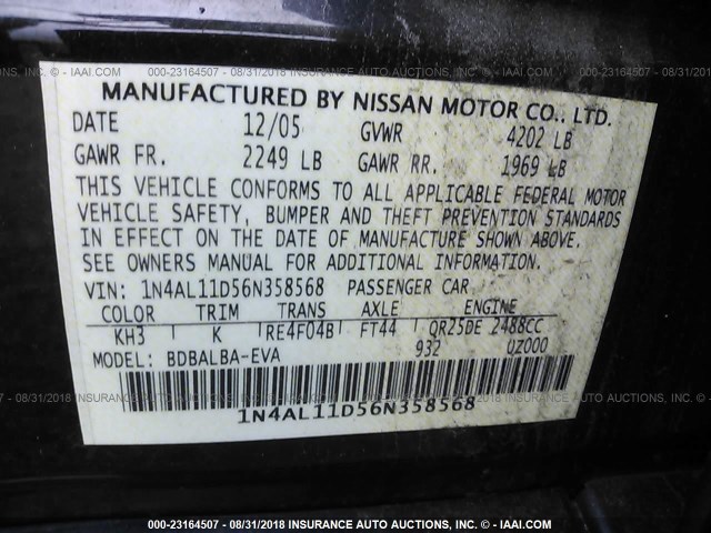 1N4AL11D56N358568 - 2006 NISSAN ALTIMA S/SL BLACK photo 9