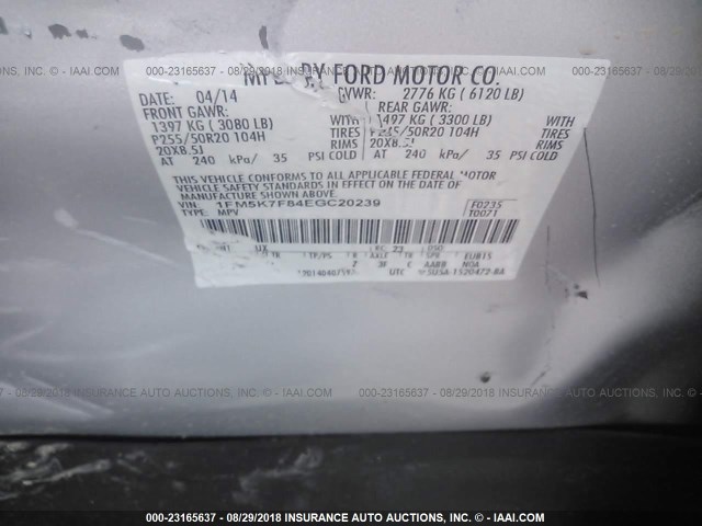 1FM5K7F84EGC20239 - 2014 FORD EXPLORER LIMITED SILVER photo 9