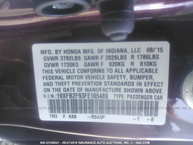 19XFB2F93FE105489 - 2015 HONDA CIVIC EXL BURGUNDY photo 9