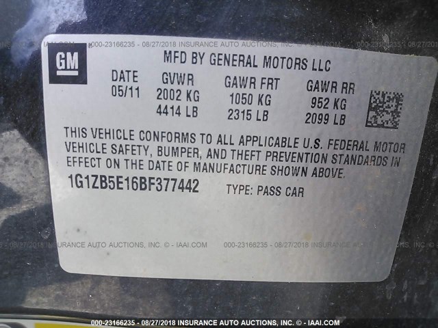 1G1ZB5E16BF377442 - 2011 CHEVROLET MALIBU LS 黑色 照片 9