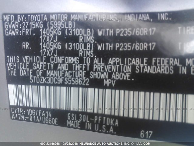 5TDZK3DC9FS558622 - 2015 TOYOTA SIENNA GRAY photo 9