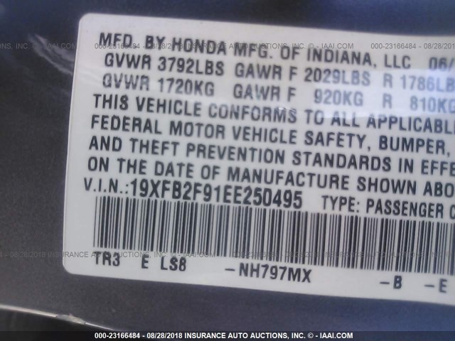 19XFB2F91EE250495 - 2014 HONDA CIVIC EXL GRAY photo 9