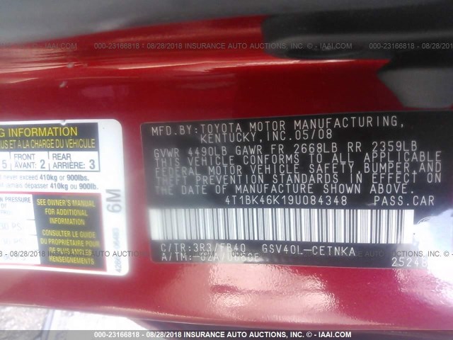 4T1BK46K19U084348 - 2009 TOYOTA CAMRY SE/LE/XLE 红色 照片 9