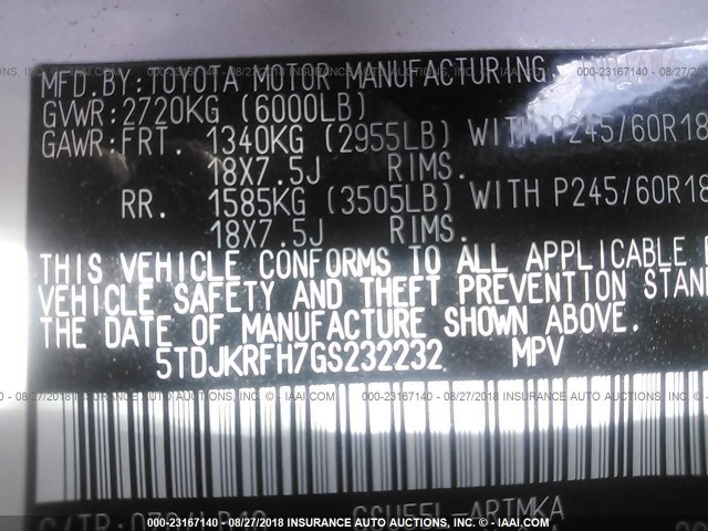 5TDJKRFH7GS232232 - 2016 TOYOTA HIGHLANDER XLE თეთრი ფოტო 9