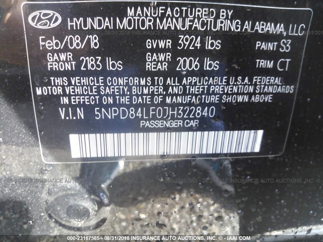 5NPD84LF0JH322840 - 2018 HYUNDAI ELANTRA SEL/VALUE/LIMITED BLACK photo 9