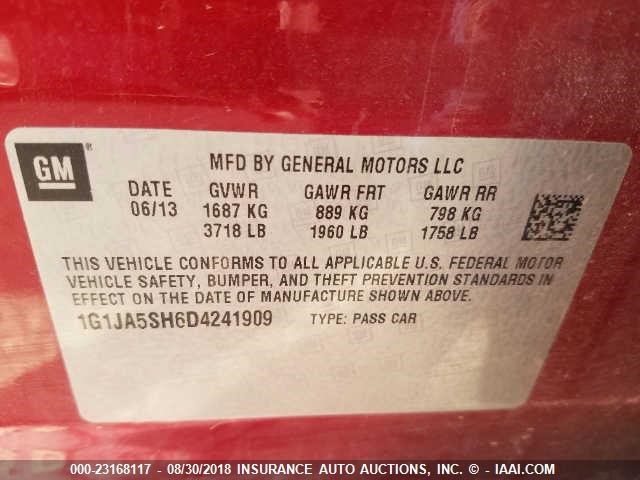 1G1JA5SH6D4241909 - 2013 CHEVROLET SONIC LS 红色 照片 9