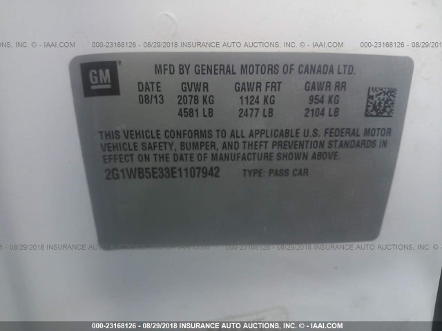 2G1WB5E33E1107942 - 2014 CHEVROLET IMPALA LIMITED  WHITE photo 9