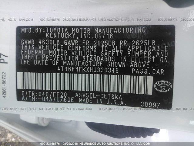 4T1BF1FKXHU330346 - 2017 TOYOTA CAMRY LE/XLE/SE/XSE WHITE photo 9