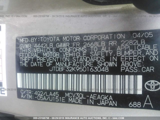 JTDBF32K950163048 - 2005 TOYOTA CAMRY LE/XLE/SE GOLD photo 9