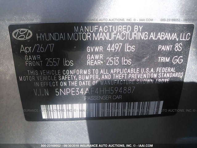 5NPE34AF4HH594887 - 2017 HYUNDAI SONATA SPORT/LIMITED GRAY photo 9