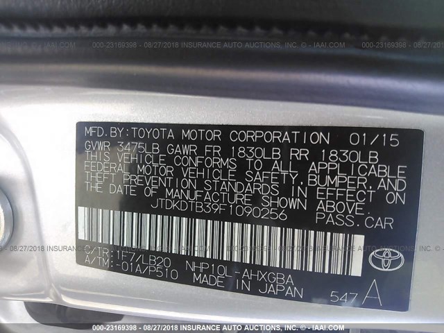 JTDKDTB39F1090256 - 2015 TOYOTA PRIUS C SILVER photo 9