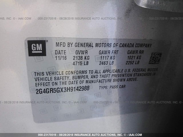 2G4GR5GX3H9142988 - 2017 BUICK REGAL PREMIUM SILVER photo 9