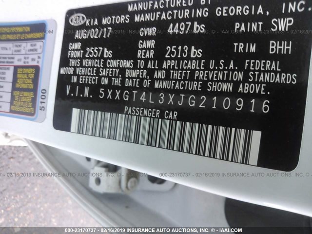 5XXGT4L3XJG210916 - 2018 KIA OPTIMA LX/S WHITE photo 9