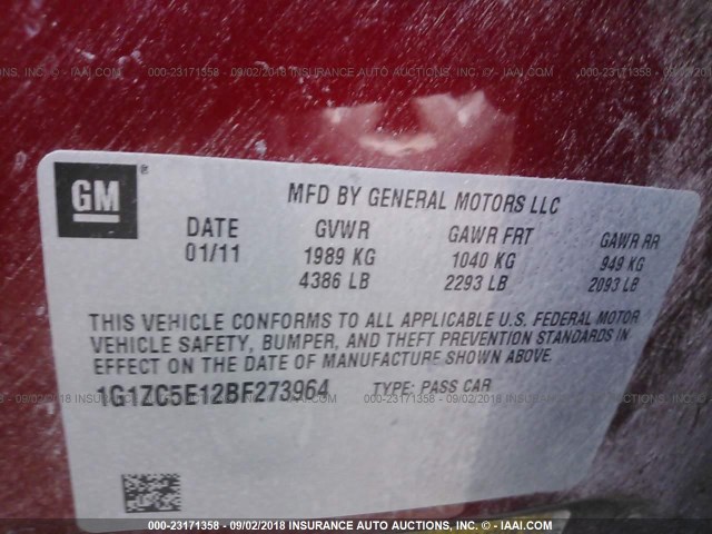 1G1ZC5E12BF273964 - 2011 CHEVROLET MALIBU 1LT PURPLE photo 9